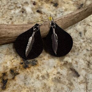 Brown Leather Teardrop Earrings with Feather Accent